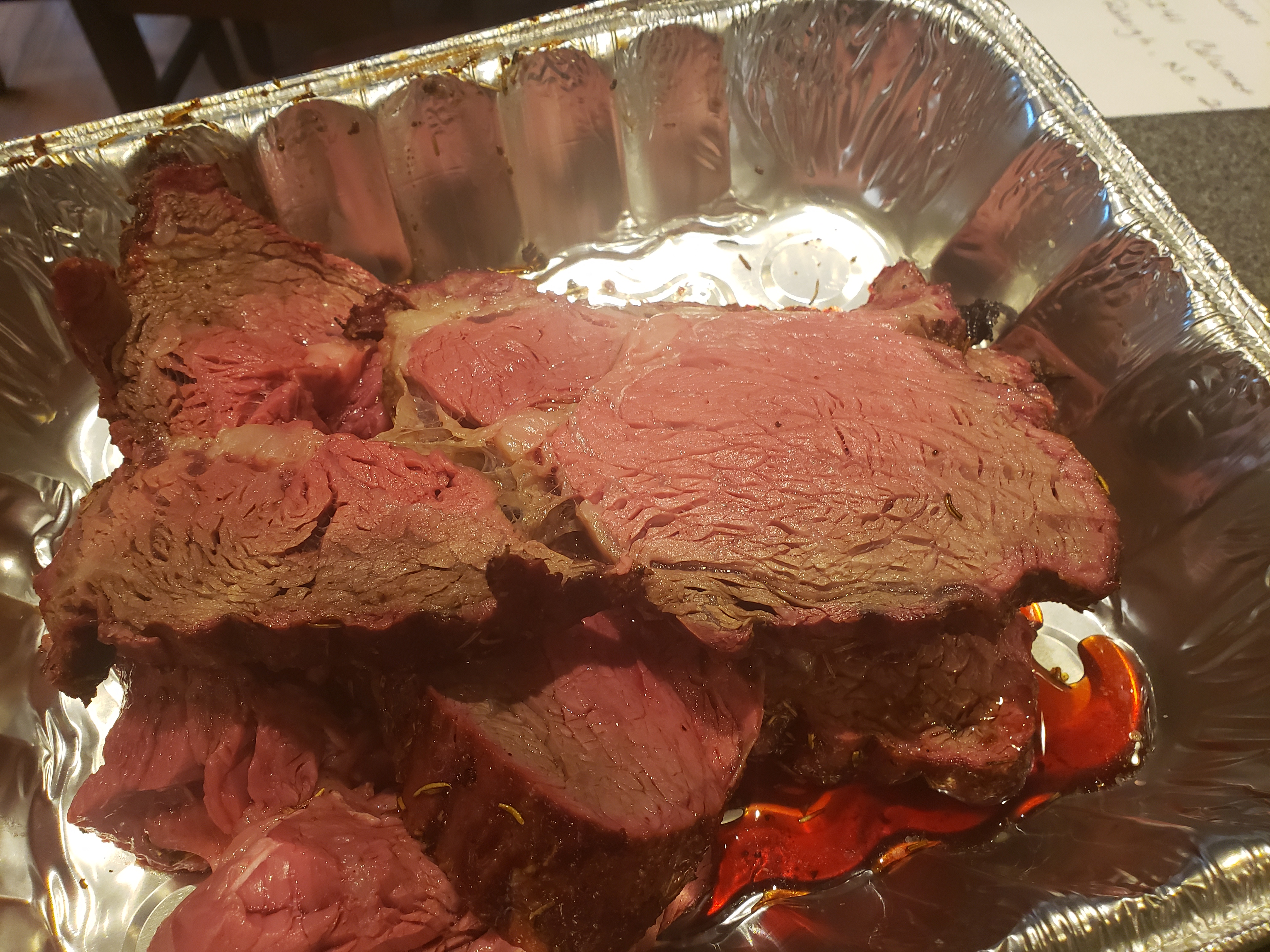 Smoked prime rib sliced open
